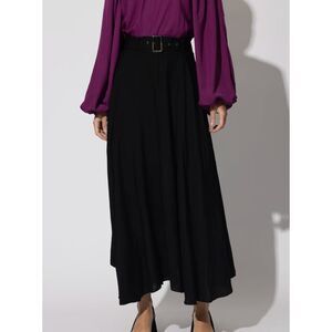 LUSANA Vera Belted Linen‎ Midi Skirt Black NWT Small
